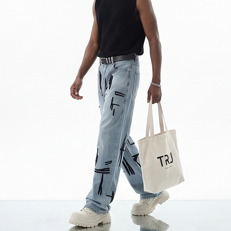 Fabricante de Jeans de Denim Masculino por Atacado Extra Largo Lavagem Enzimática Selvedge Algodão Barra Desfiada Lixado à Mão Mercado Ocidental Atacado Exportação OEM ODM Logotipo Personalizado