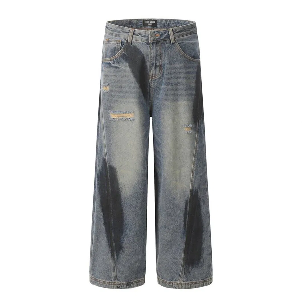 Calças de Jeans Largas de Cintura Alta com Acabamento Vintage Esfregado, Estilo Streetwear Moderno, Calças Masculinas Largas