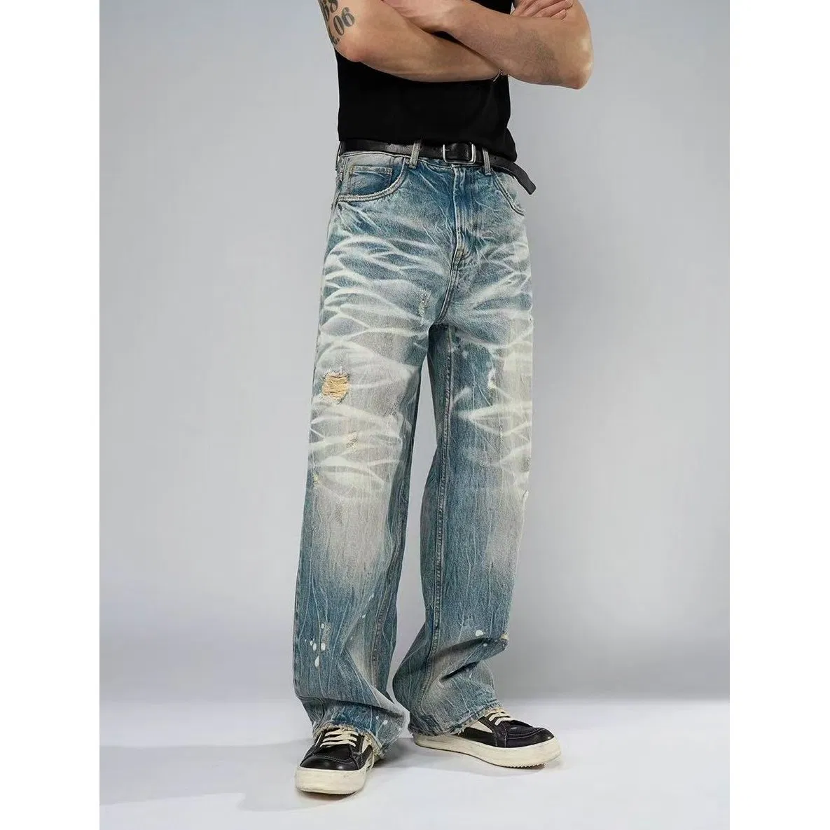 Calças Jeans Masculinas Tendência Rua Desgastadas Gradiente Largas Retas