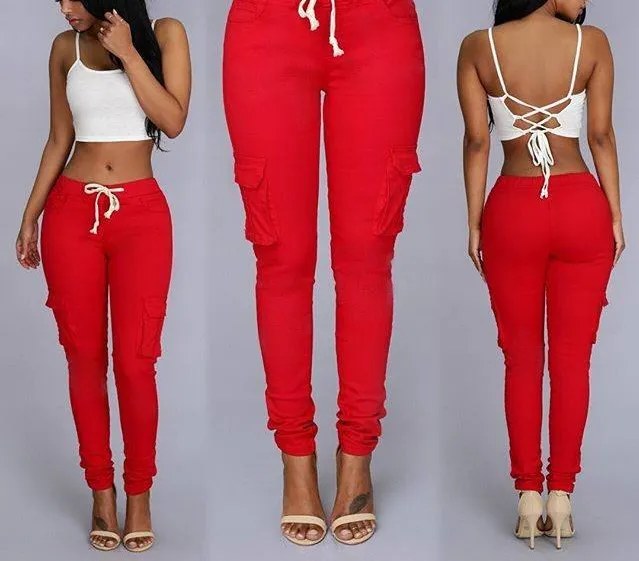 Calças Legging de Moda para Mulheres com Cordão Casual Cintura Alta Cargo Tamanho Plus Calças Longas