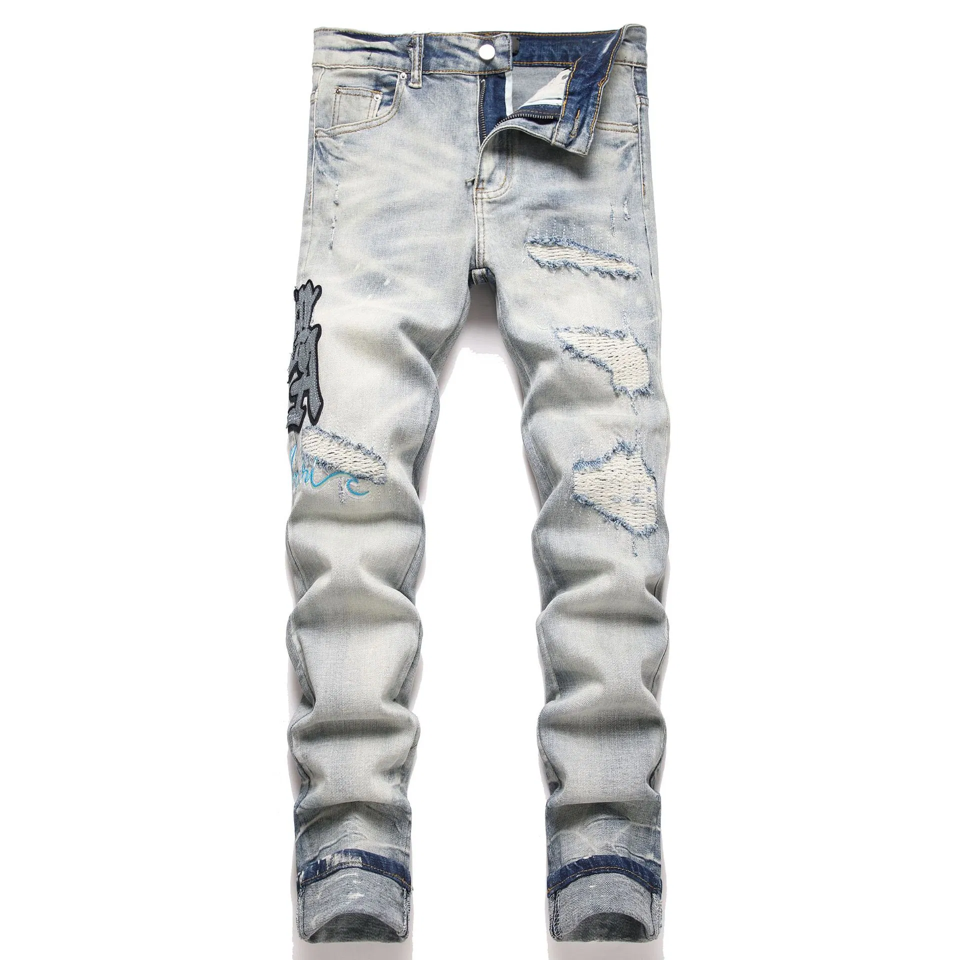 Fábrica Atacado Personalizado Logotipo de Marca Alta Qualidade Am Rasgado Azul Estrela Patches Ajuste Slim Jeans Skinny Masculinos Tendência