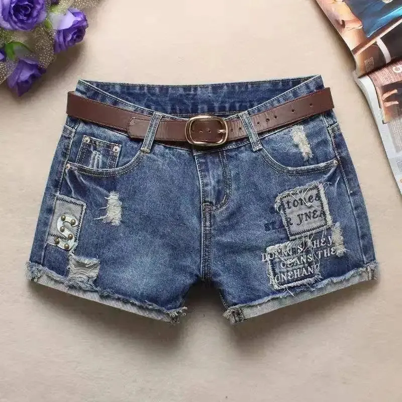 Shorts de Jeans de Cintura Alta para Mulheres, Casual, Ajuste Slim, Jeans Rasgado