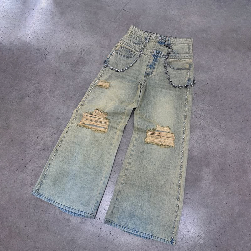 Calças Jeans Masculinas Baggy de Cintura Alta Lavagem Ácida Vintage de Perna Larga Desgastadas em Denim