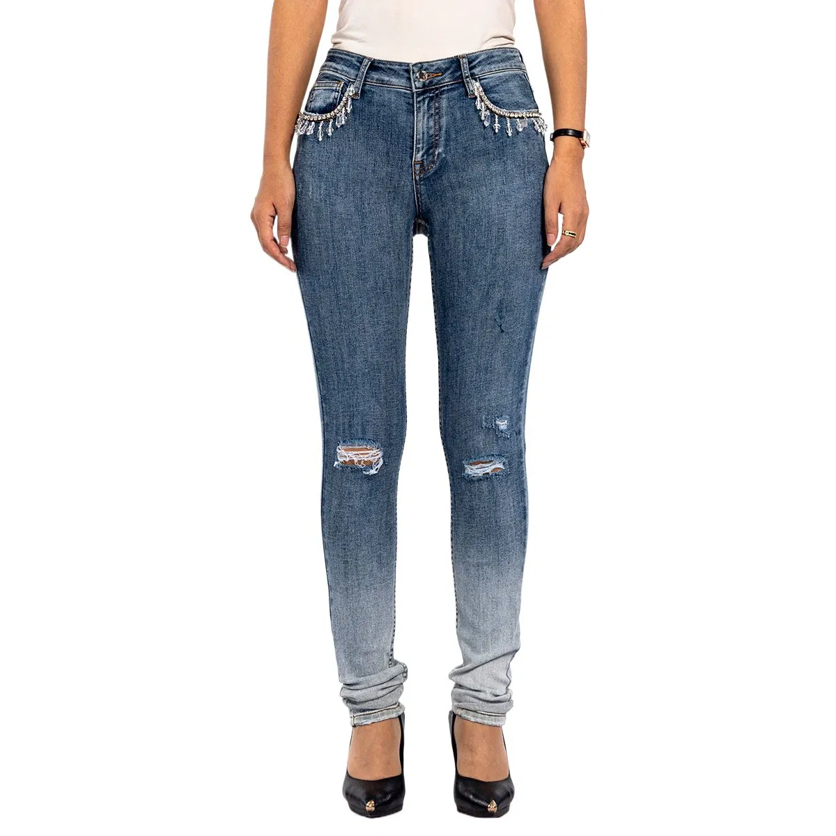 Calças de Denim Skinny de Cintura Alta com Renda Desfiada em Gradiente Azul para Mulheres