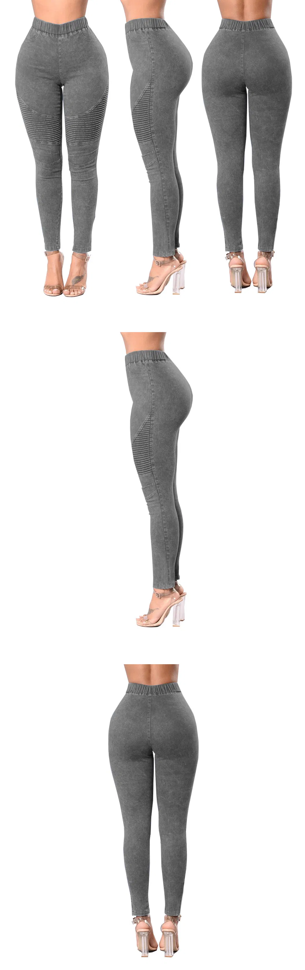 Calças Jeans Femininas de Cintura Alta no Atacado, Jeans Justos com Calças Plissadas