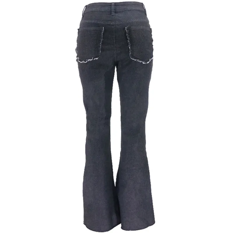 Calças Flare Femininas de Cintura Alta com Barra Desfiada, Jeans de Denim Skinny