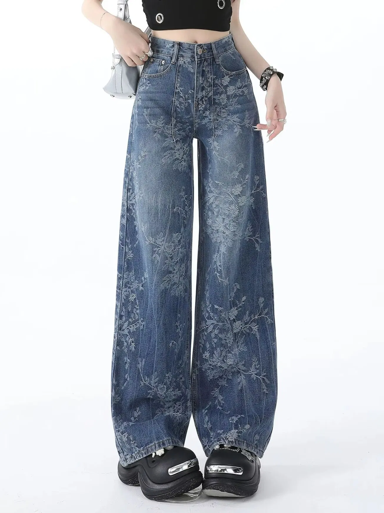 Calças de Jeans Jacquard Azul Retro Femininas de Cintura Alta com Padrão Floral, Respirável, Largas e Soltas, Design de Pernas Largas para o Outono
