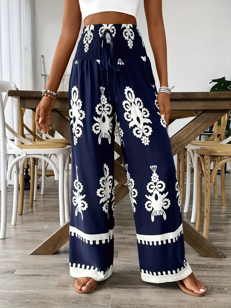 Roupas esportivas casuais femininas com padrão de renda, calças de cintura alta e perna larga