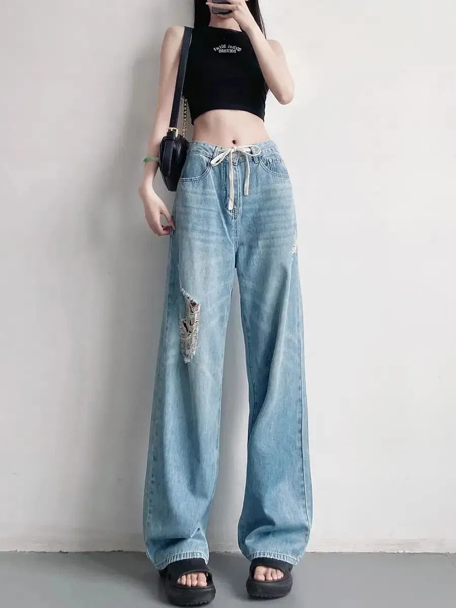 Calças Jeans Femininas Azuis de Cintura Alta Casuais Respiráveis com Franjas Largas