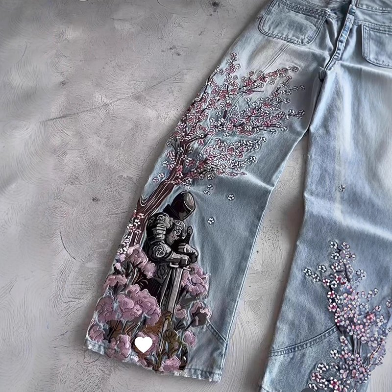 Jeans de Denim Masculinos Vintage Oversized de Perna Reta Acid Wash Azul 3D-Embroidered de Alta Qualidade por Atacado Hip-Hop