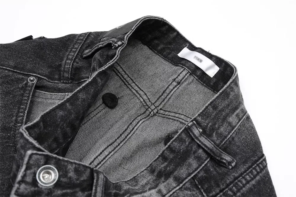 Calça casual masculina preta de algodão solta e larga, calça jeans denim original de fábrica