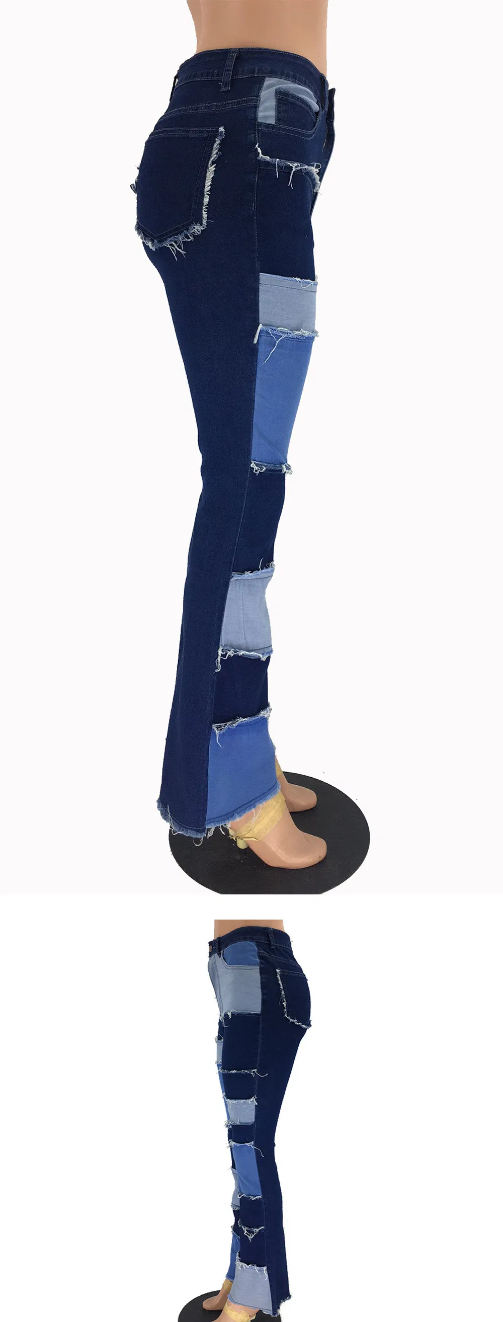 Calças Flare Femininas de Cintura Alta com Barra Desfiada, Jeans de Denim Skinny