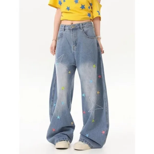 Calças de Jeans Bordadas em Patches de Estilo Americano Divertido para Homens e Mulheres no Mesmo Estilo, Nova Tendência, Ajuste Relaxado, Largas e Longas