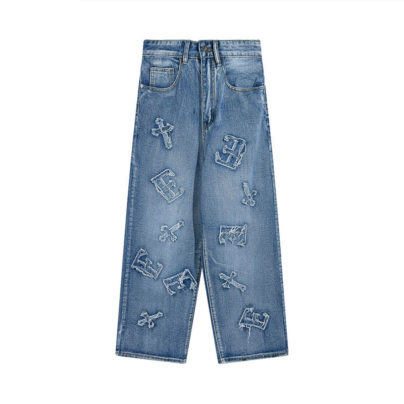 Calças Bordadas Design Niche Jeans Retro Calças Retas Masculinas Mop de Chão