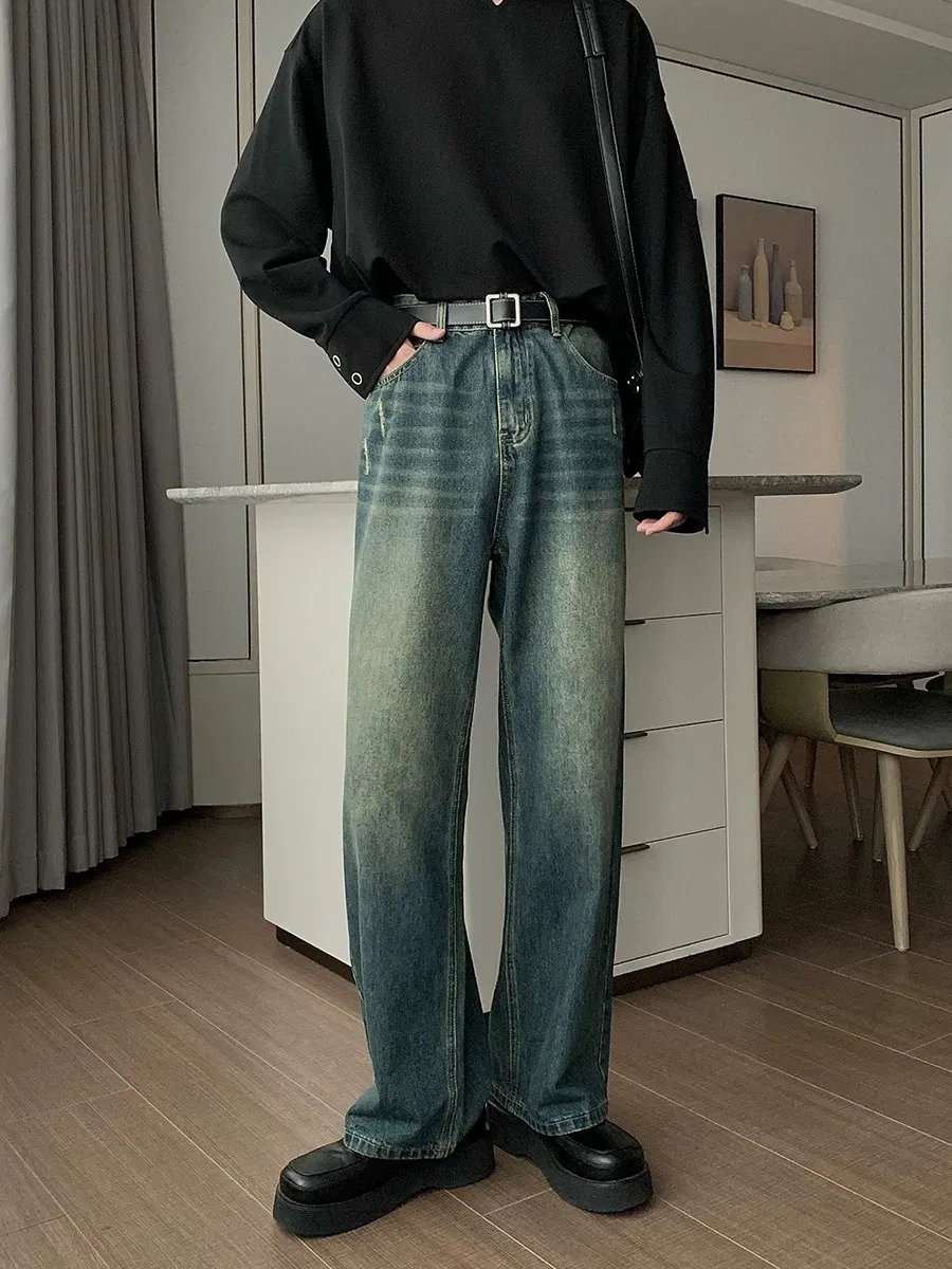 Calças Jeans Masculinas de Alta Qualidade, Perna Larga, Lavadas, Cor Azul, Denim para Homens