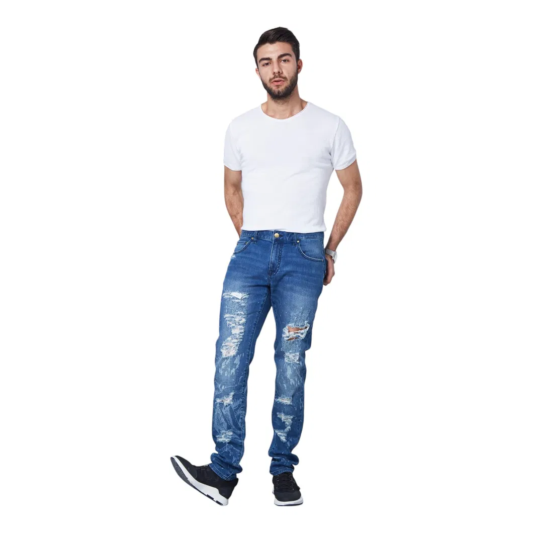 Jeans Mtm com Design Azul Médio Lavado Vintage e Costura em Contraste para um Apelo Atemporal