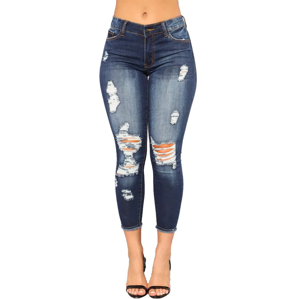 Calças cargo rasgadas femininas personalizadas, jeans slim stretch em denim