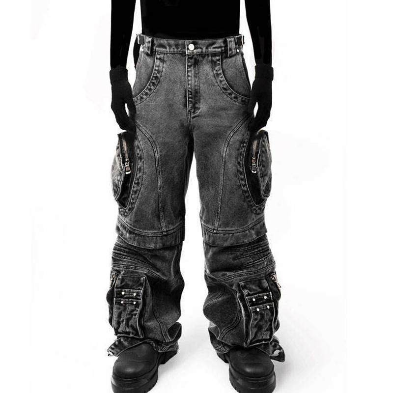Fabricante OEM de Alta Qualidade Calças Cargo de Denim Punk Rock Hip-Hop Streetwear para Homens com Múltiplos Bolsos Grandes