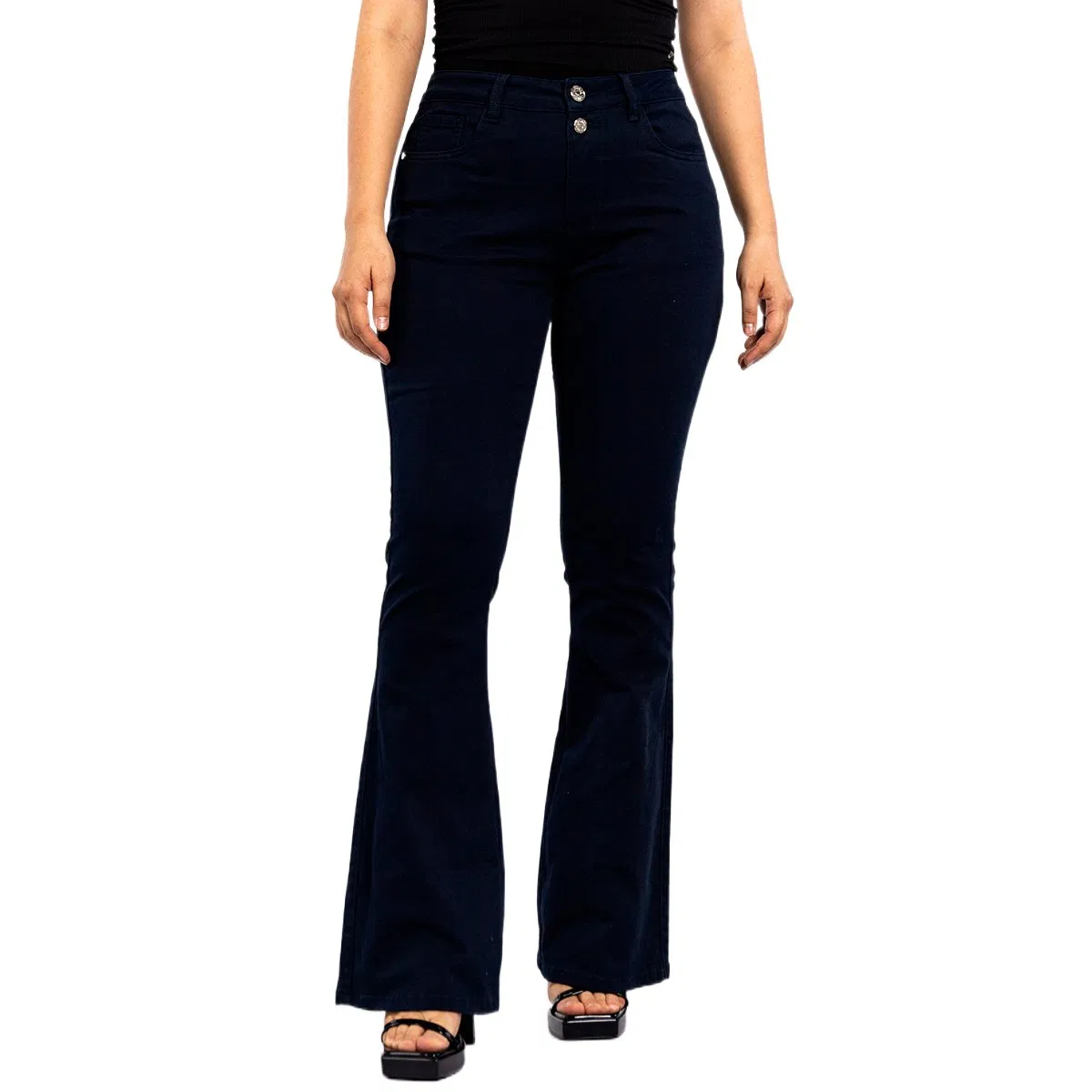 Calças casuais skinny flare azul escuro de dois botões para mulheres