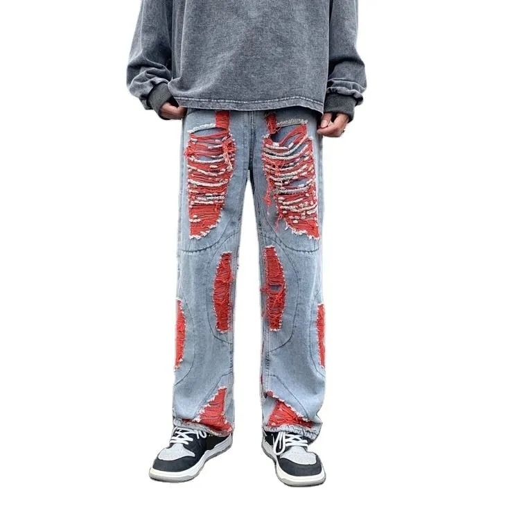 Calças de Denim Flare com Buracos em Patchwork Vermelho, Jeans Soltos para Homens, Personalizados de Fábrica, Estilo Hip-Hop de Alta Rua, Jeans de Designer de Alta Qualidade para Homens