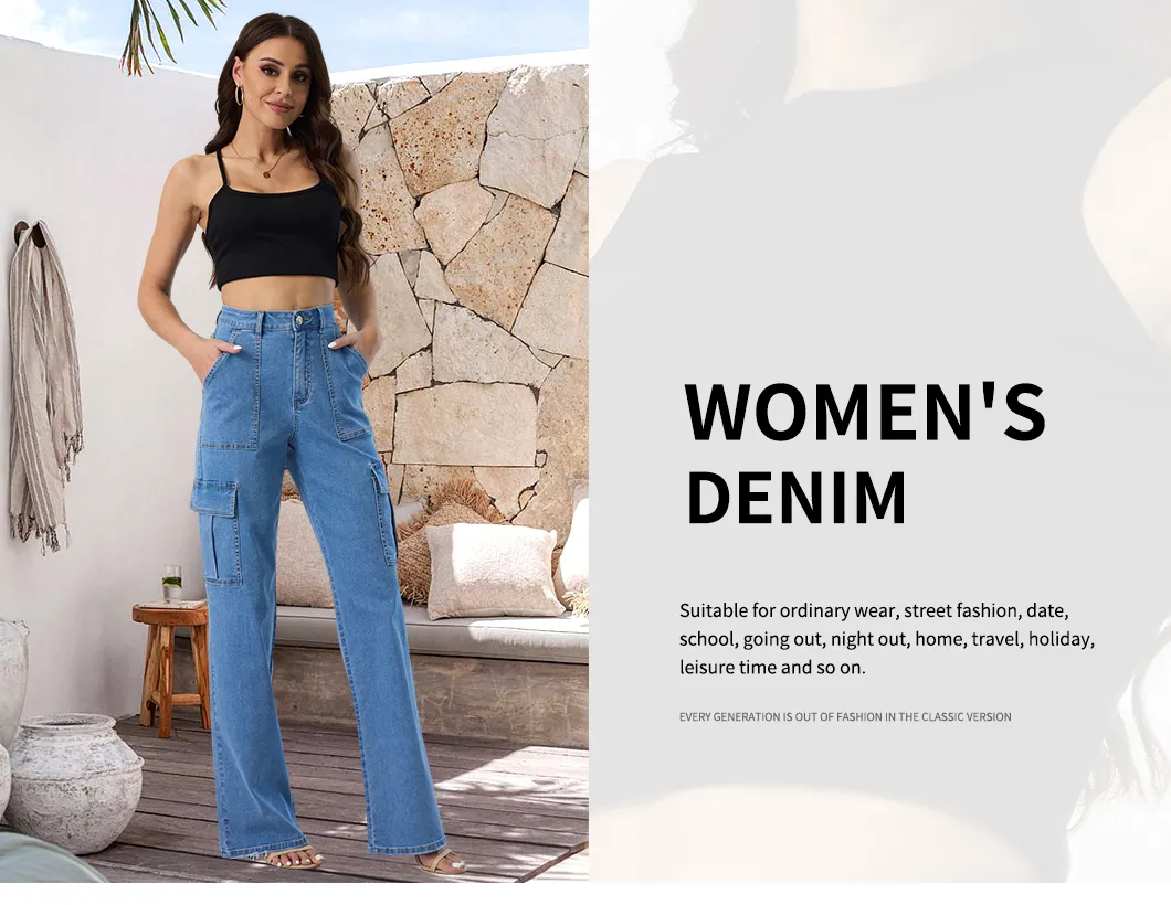 Calças de brim femininas boyfriend de cintura alta com bolsos cargo