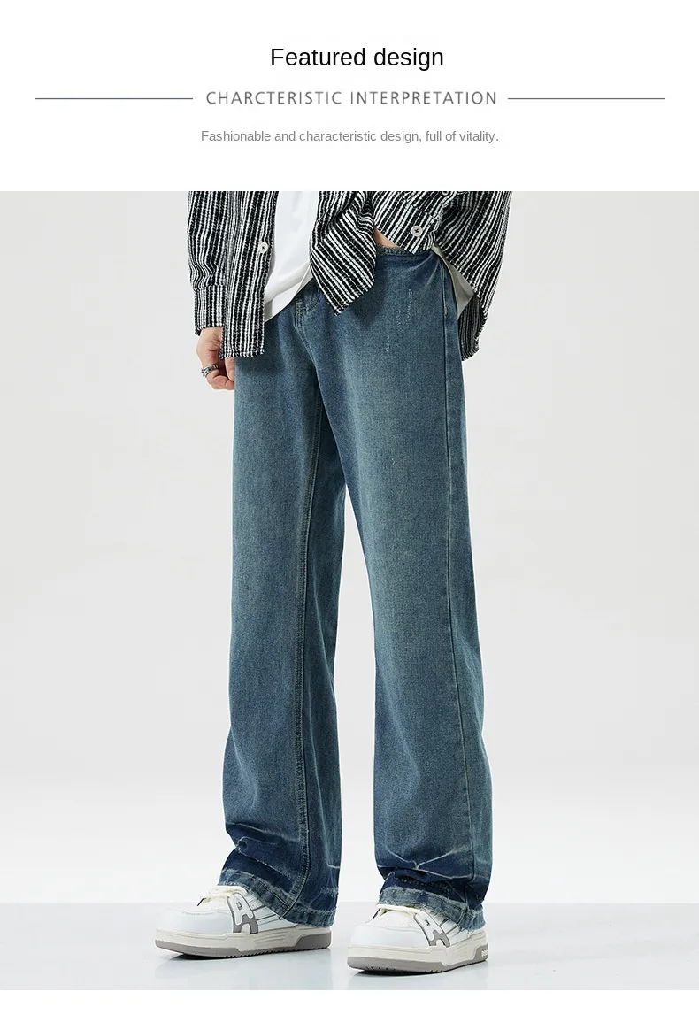 Calças largas de cintura alta estilo americano, jeans retro levemente flare para homens, calças de denim em branco para casais
