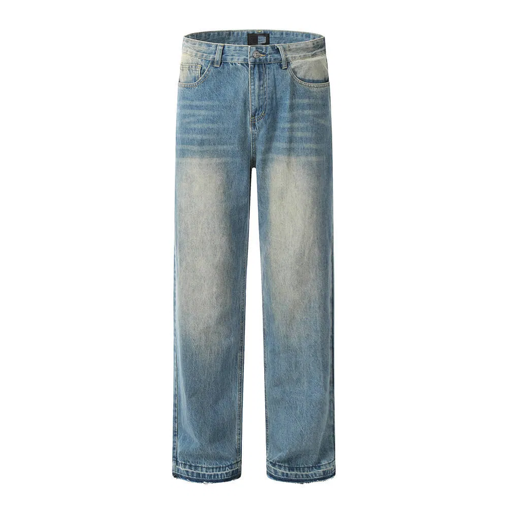 Calças de trabalho de alta qualidade com logo personalizado, lavagem ácida, moda de rua, corte reto e solto, jeans masculinos