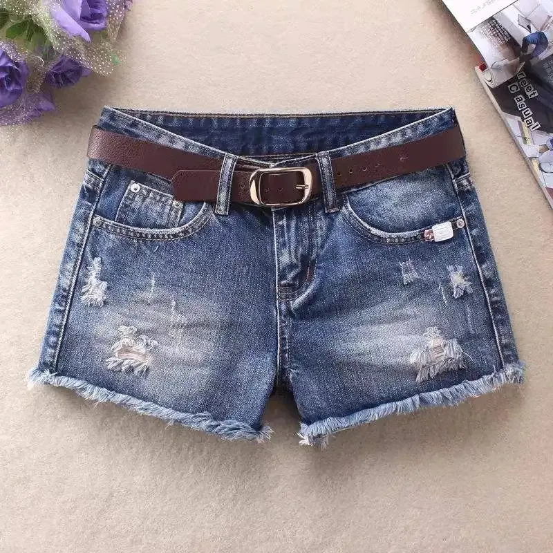 Shorts de Jeans de Cintura Alta para Mulheres, Casual, Ajuste Slim, Jeans Rasgado