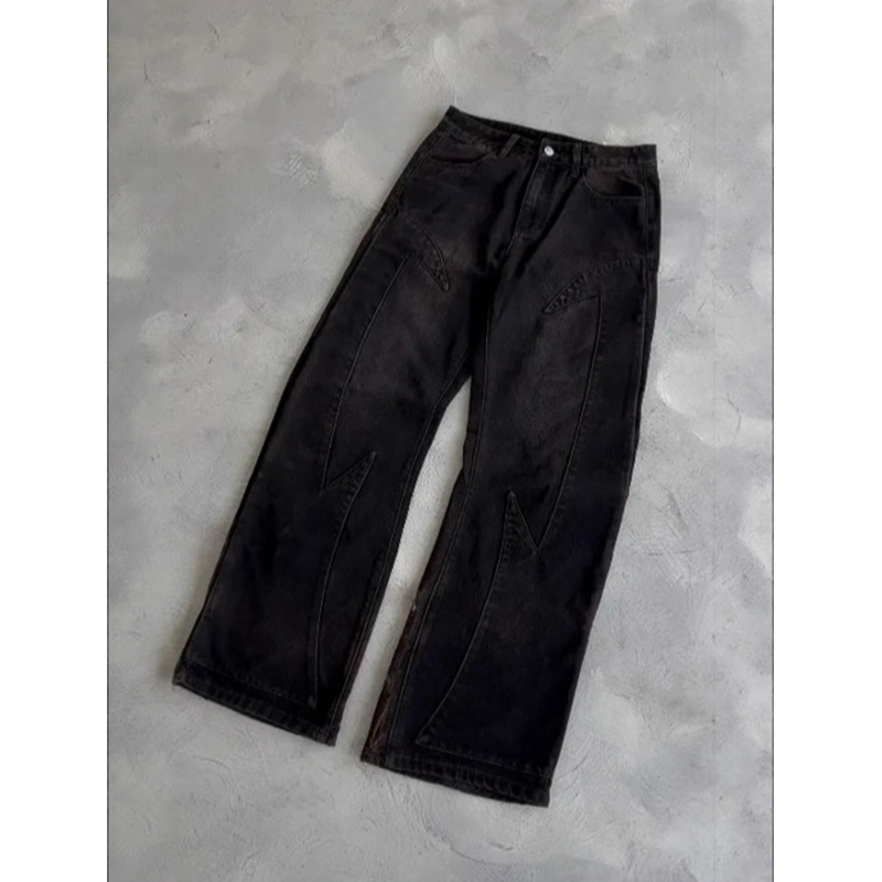 Calças jeans masculinas de denim pretas, oversized, de perna reta, acid washed, vintage, com impressão digital, atacado de alta qualidade