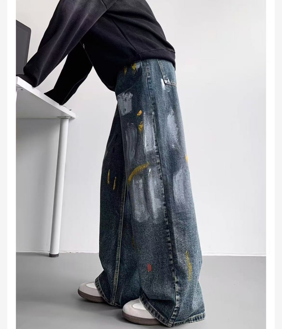 Calças Jeans de Moda por Atacado, Jeans Reto Desenhados à Mão para Homens, Calças Jeans Baggy Azuis de Cintura Média