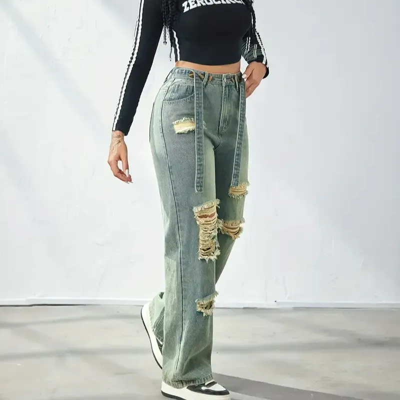 Calças Jeans Vintage Baggy Azuis de Perna Reta Rasgadas com Efeito Desgastado Ajustadas para Menina