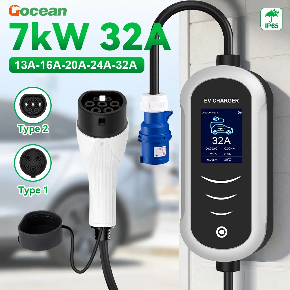 Type2 شاحن كهربائي للسيارات الكهربائية بمرحلة واحدة 110V-220V بيد 7kw 32A شاحن كهربائي محمول بتيار متردد