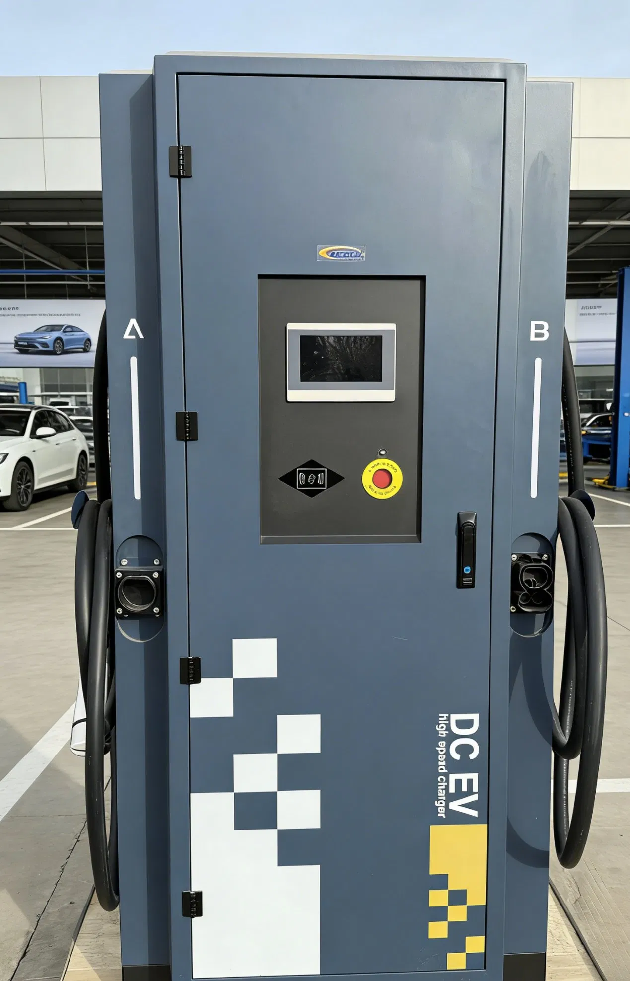 60kw محطة شحن ثنائية المنافذ لشحن السيارات الكهربائية مع زر إيقاف الطوارئ لشحن سريع وآمن