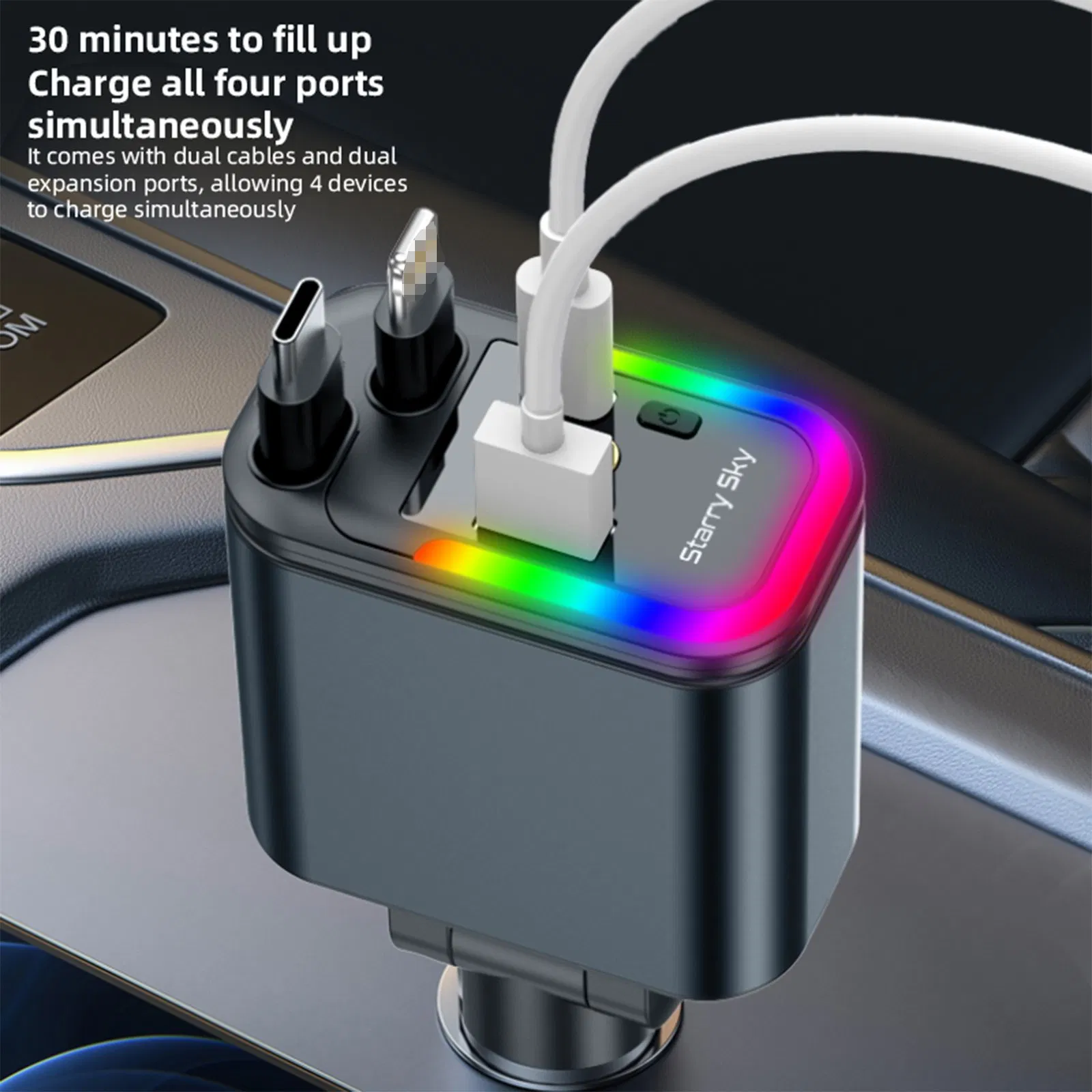 أسبور A976 30W شاحن سيارة مزدوج قابل للسحب مع ضوء LED، 4-Port شحن سريع لجميع الهواتف، شاحن سيارة ساتري سكاي