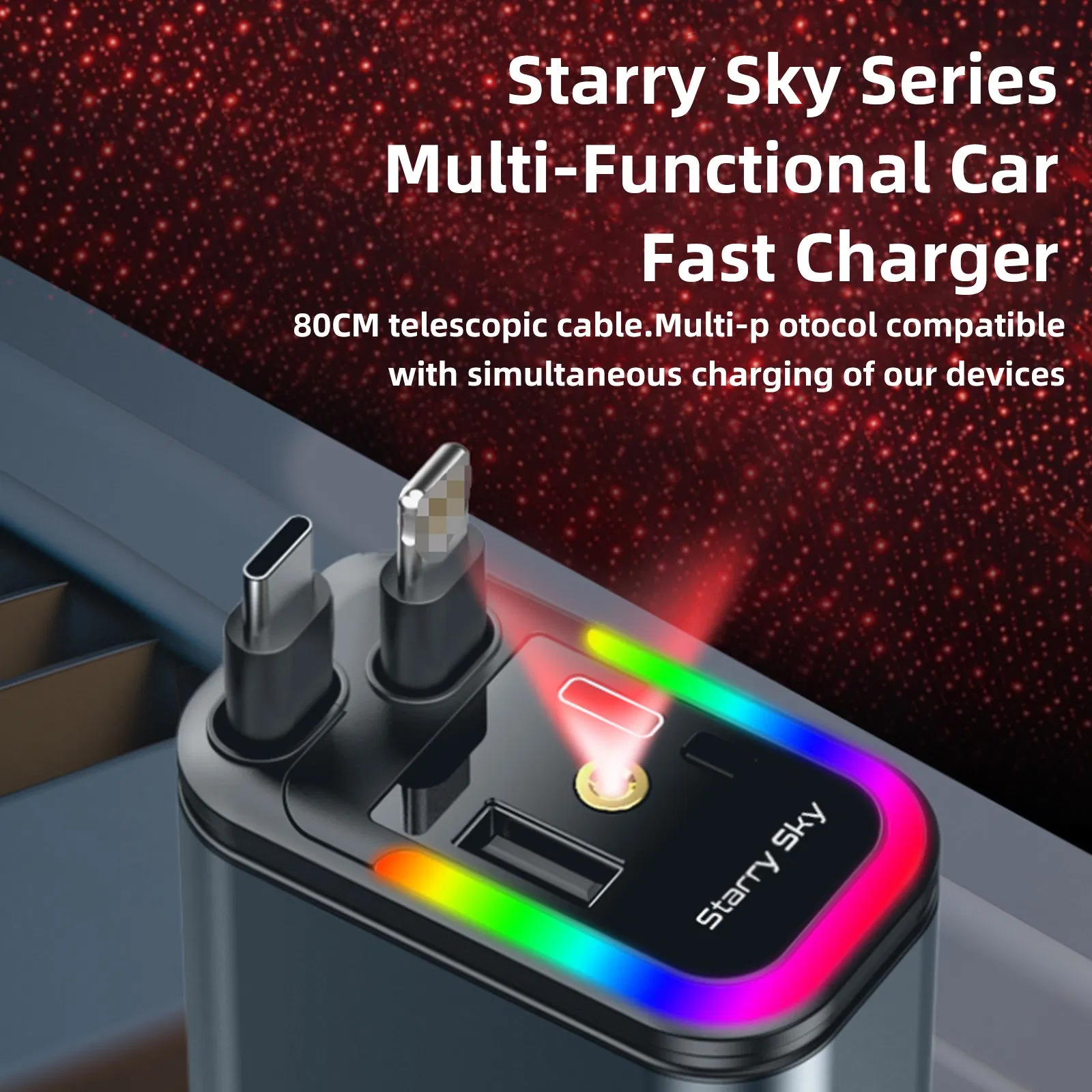أسبور A976 30W شاحن سيارة مزدوج قابل للسحب مع ضوء LED، 4-Port شحن سريع لجميع الهواتف، شاحن سيارة ساتري سكاي
