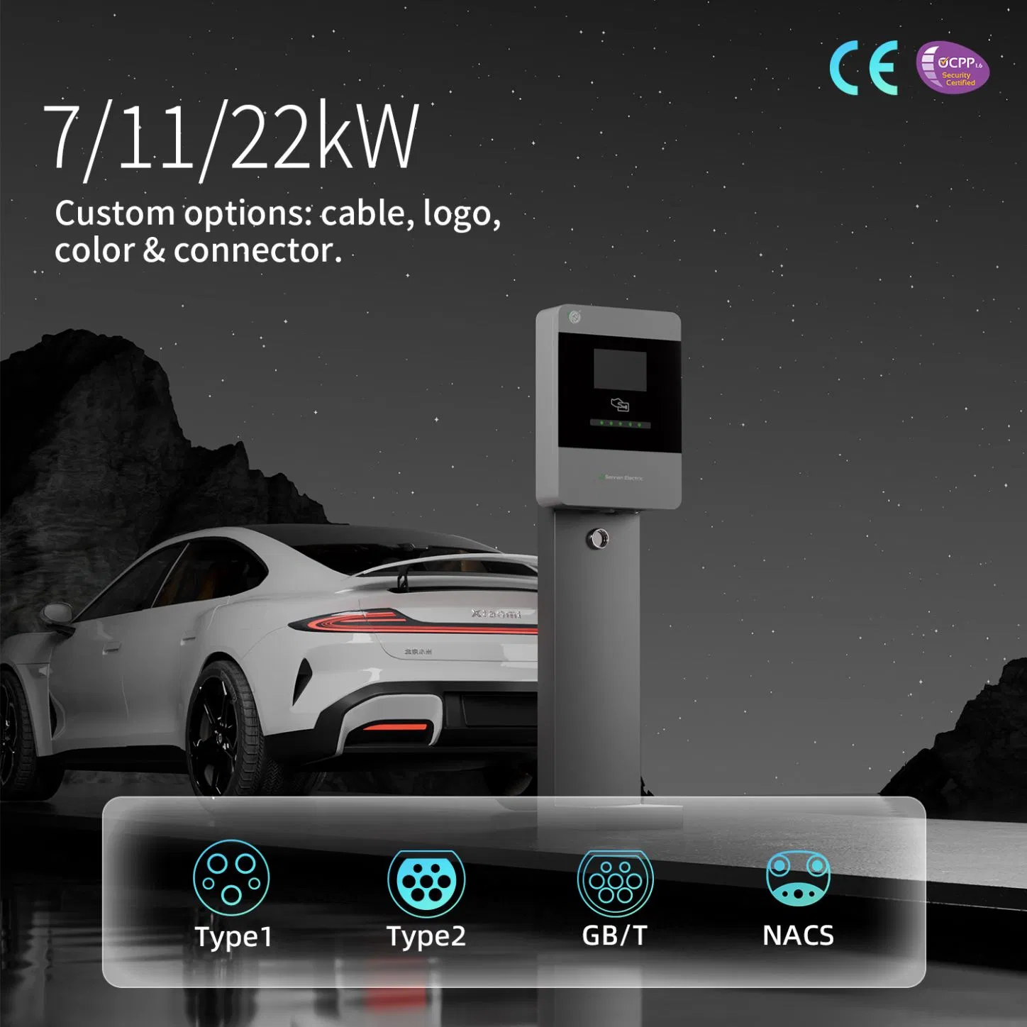 جملة 16A&WiFi صندوق حائط 32A 22kw 11kw مصنع شاحن السيارات الكهربائية السريع Level2 محطة Type2/Type1/Gbt/Nacs نموذج 3/Y/S/X شاحن السيارة الكهربائية مع بطاقة RFID