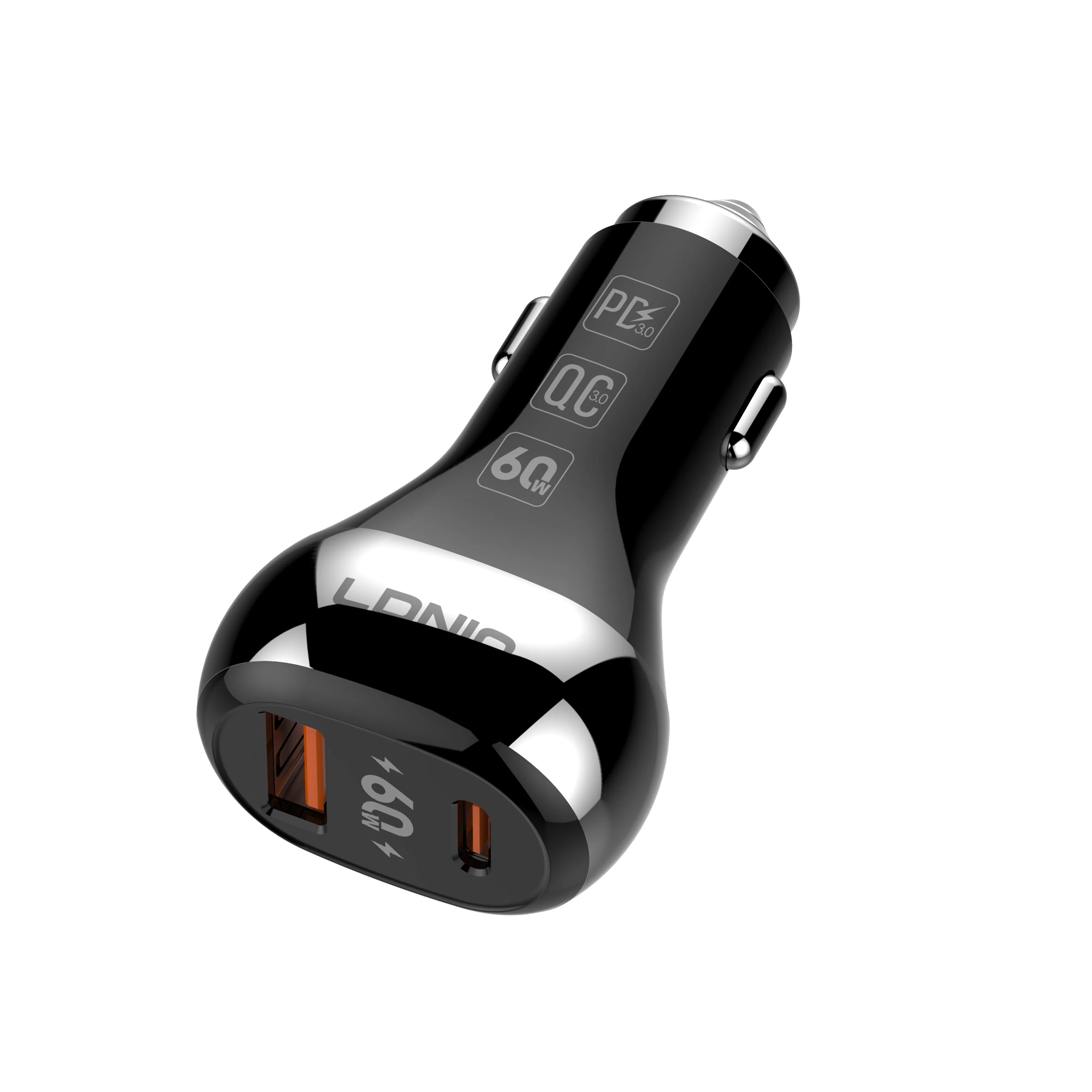 لدنيو C2-1 60W شاحن سيارة مزدوج المنفذ مع عرض جهد LED نوع-C QC3.0 شاحن سريع USB للسيارة 12V 24V جملة عالمية