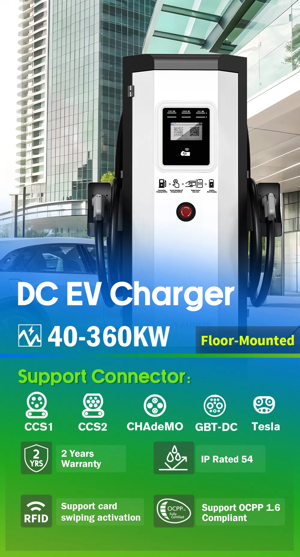محطة شحن سيارات كهربائية تجارية جديدة للطاقة DC 120kw 160kw 180kw CCS2 Gbt Nacs IP54 مع مواقف سيارات عامة