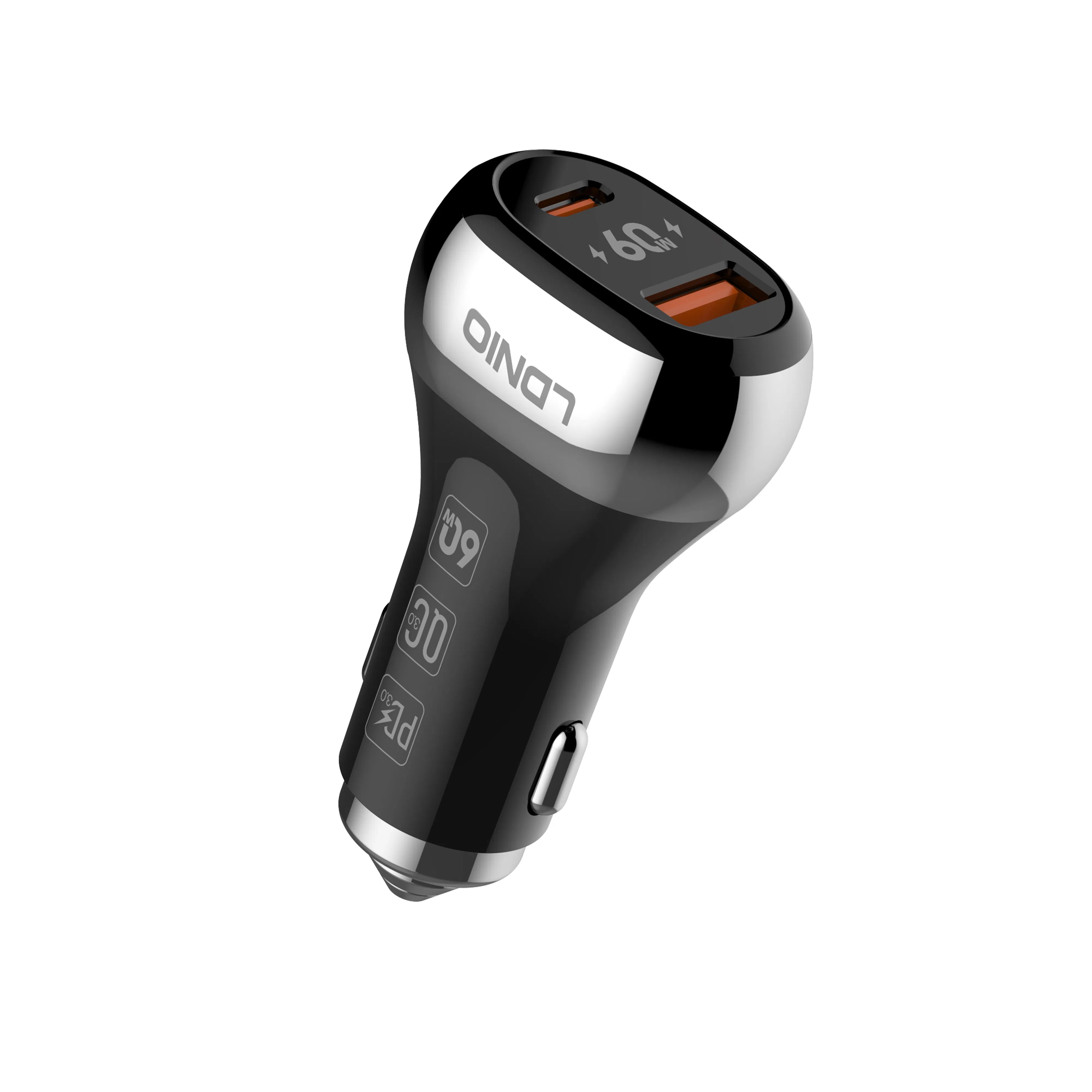 لدنيو C2-1 60W شاحن سيارة مزدوج المنفذ مع عرض جهد LED نوع-C QC3.0 شاحن سريع USB للسيارة 12V 24V جملة عالمية