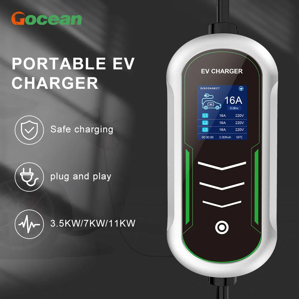 Type2 شاحن كهربائي للسيارات الكهربائية بمرحلة واحدة 110V-220V بيد 7kw 32A شاحن كهربائي محمول بتيار متردد