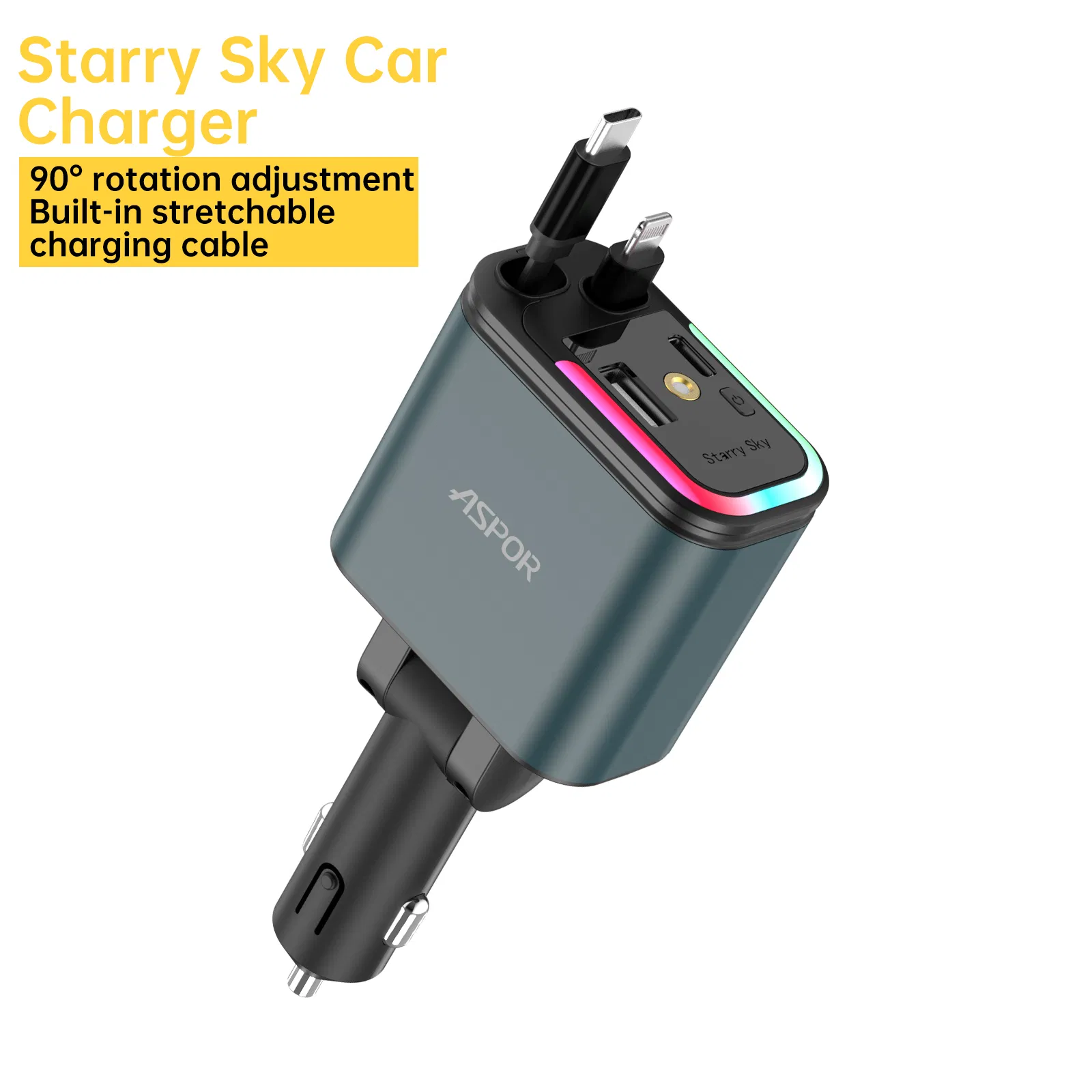 أسبور A976 30W شاحن سيارة مزدوج قابل للسحب مع ضوء LED، 4-Port شحن سريع لجميع الهواتف، شاحن سيارة ساتري سكاي