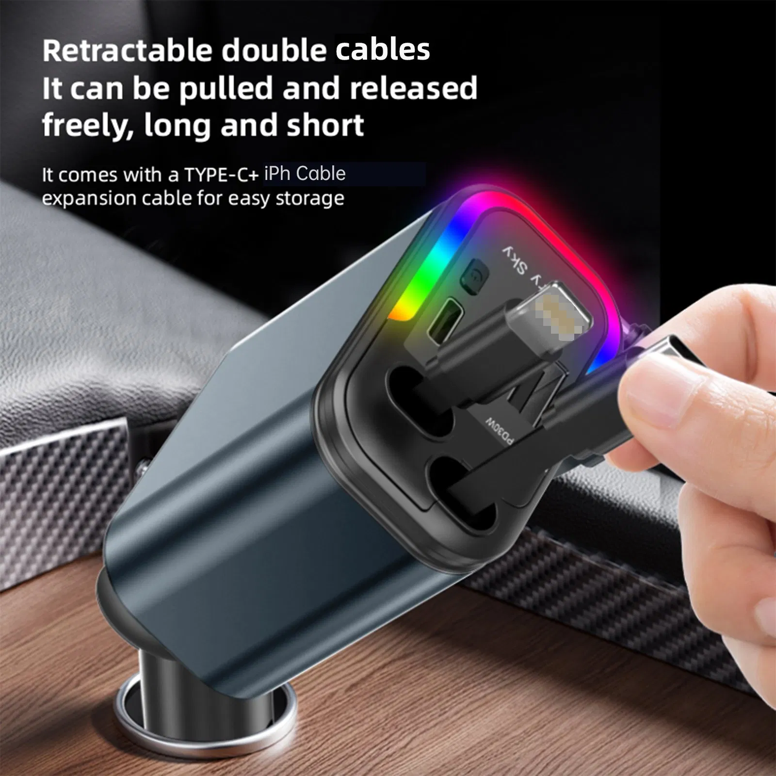 أسبور A976 30W شاحن سيارة مزدوج قابل للسحب مع ضوء LED، 4-Port شحن سريع لجميع الهواتف، شاحن سيارة ساتري سكاي
