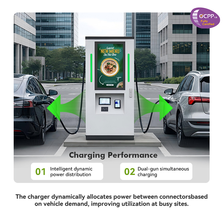 2026 محطة شحن سريعة للسيارات الكهربائية مع 80kw 120kw 240kw CCS2 مسدس مزدوج Gbt Nacs DC مع شاشة إعلانات بحجم 32/55 بوصة