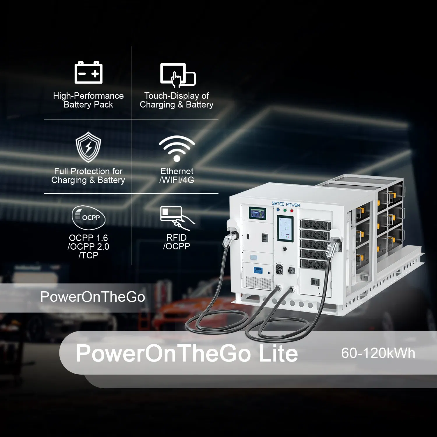 نظام الطاقة الشمسية لشحن السيارات الكهربائية المحمولة من SETEC POWER 60kWh 120kWh PowerOnTheGo Lite