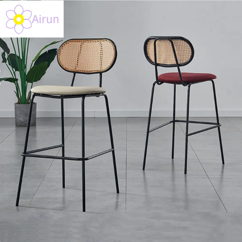 Contract Furniture Black Metal Legs Wood Cane Back Orange Leather Bar Stool