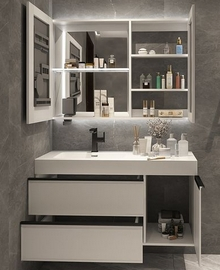 Upscale Bathroom Vanity with Smart Mirror and Cabinet Features