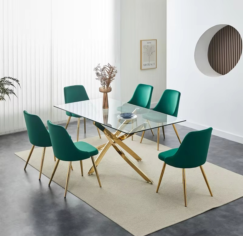 Glass Top Dinning Room Kitchen Tables Set 6 Seater Luxury Gold Dining Table and Chair