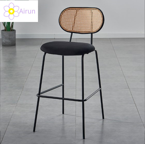 Contract Furniture Black Metal Legs Wood Cane Back Orange Leather Bar Stool