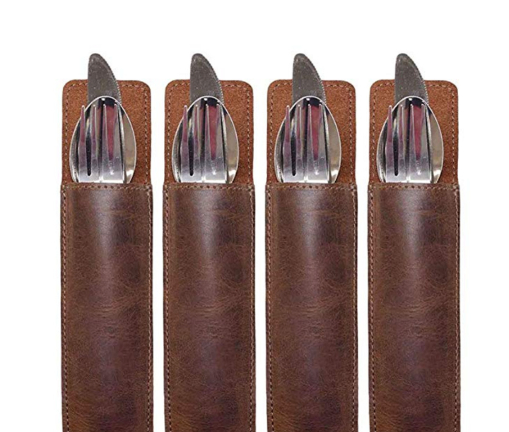 OEM Outdoor Camping Dinnerware Leather Knife Fork Spoon Storage Bag