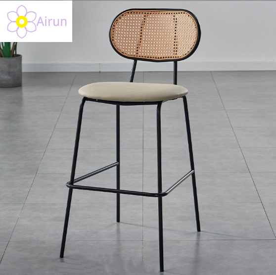 Contract Furniture Black Metal Legs Wood Cane Back Orange Leather Bar Stool